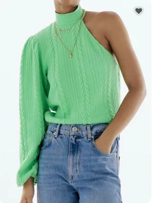 ZARA Mint Green One-Shoulder Cable-Knit Sweater Sz S thumbnail 1