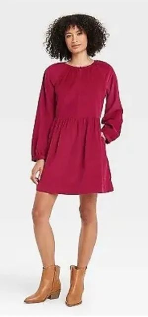 Universal Thread Burgundy Corduroy Long Sleeve Babydoll Mini Dress XL‎ Pockets thumbnail 1