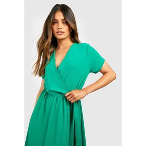 Boohoo Womens Dress Emerald Green Faux‎ Wrap Maxi Dress Short Sleeve NEW thumbnail 4