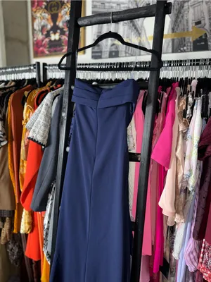 BABYBOO Zafira Navy Strapless Draped High Slit Maxi Dress Womens XS New NWT thumbnail 13