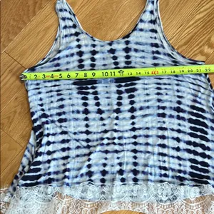 Tie dye Blue and White Relaxed Fit Tank Top with Asymmetrical lace Hem thumbnail 5
