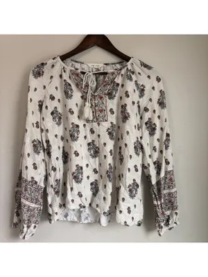 Lucky Brand Floral Print Bohemian Blouse Small Cream Long Sleeve Tassel thumbnail 2