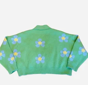 Cropped Smile Flower Vneck Cardigan Sweater Green Blue Yellow Relax Fit M thumbnail 5
