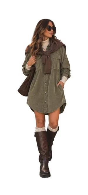 Ashley by 26 International Corduroy Shacket Dress M Olive Utility Longline Boho thumbnail 1