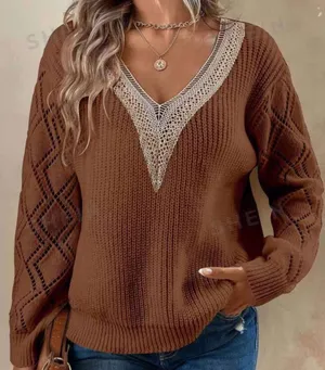 LUNE Guipure Lace Panel Pointelle Knit Drop Shoulder Sweater thumbnail 1