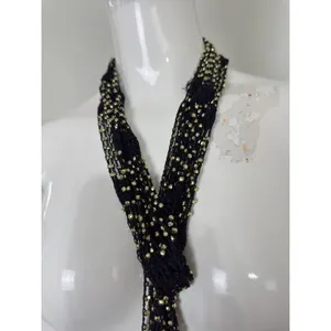 Women’s Black Crocheted Gold Bead Fringe Necklace Scarf Belt 72x2 thumbnail 6