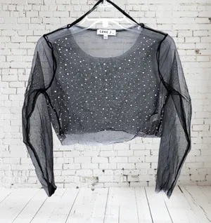 Love J Black Sheer Mesh Rhinestone Crop Top - Size Medium thumbnail 1