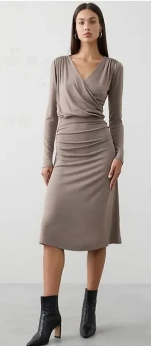 Banana Republic Soft Luxe‎ Ruched Faux Wrap Midi Dress Mocha Latte Medium thumbnail 1