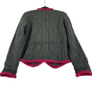Lands’ End Vintage Shetland Wool Cardigan Green Pink Trim Cable Knit Jacket L thumbnail 6