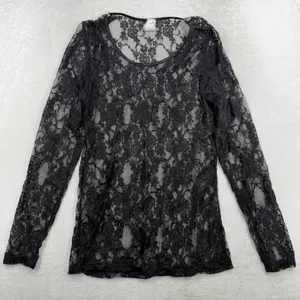 Whimsigoth Large Top Sheer Black Floral Lace Long Sleeve Scoop Neck Coquette thumbnail 2