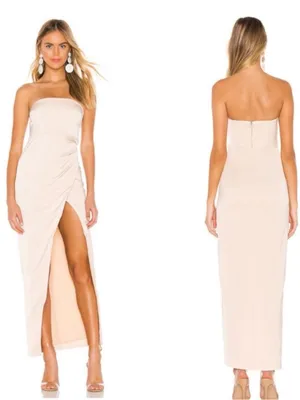 NBD Lucilda Strapless Satin Gown Size Small High Slit in Champagne thumbnail 2