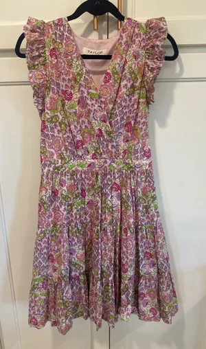Taylor Pink Green Floral Paisley Ruffle Sleeve Cotton Dress cottagecore Medium thumbnail 1