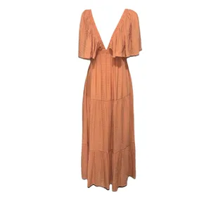 Vestique V-Neck Open Back Peach Ruffled Maxi Lined Dress Size M thumbnail 4