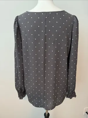 Loft V-Neck Long Sleeve Charcoal Polka Dot Blouse Top Women's Medium thumbnail 6