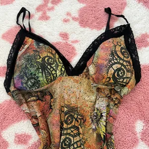Y2K Fairy Grunge Tattoo Print Lace Cami ✮ Slit Hem Boho Corset Top Small thumbnail 5