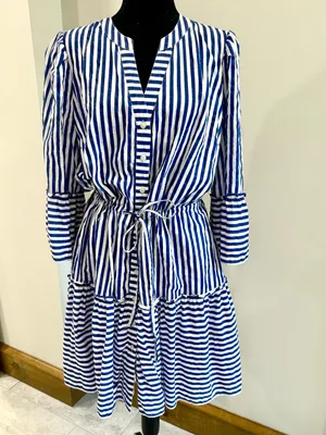 Draper James Nassau Navy Striped Avery Cotton Poplin Shirtdress Size M Preppy thumbnail 2