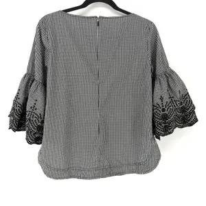 Lauren Ralph Lauren Blouse Gingham Black White Embroidered Bell Sleeve Top M/L thumbnail 6