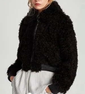 Zara Cropped Teddy Full Zip‎ Jacket in Black Size Large thumbnail 1