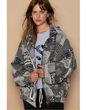 POL Black Multi Hooded Patchwork Jacket thumbnail 2