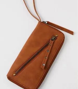 Free people NWOT vegan distressed studded brown zipper wristlet wallet thumbnail 1