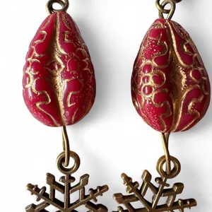 Handmade Crimson Red & Antique Bronze Snowflake Drop Earrings thumbnail 3