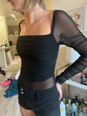 Princess Polly Black Ruched Bodysuit Mesh thumbnail 1