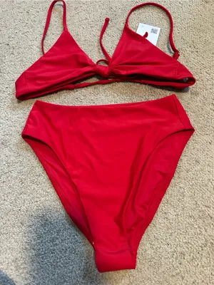 NWT Quince knotted high leg bikini set cherry red thumbnail 2