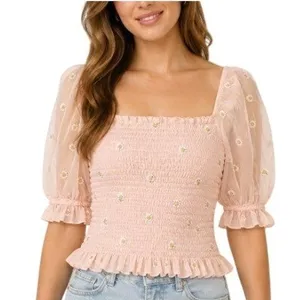 Altar'd State Smocked Top Women M Pink Embroider Daisy Ruffle Coquette Feminine thumbnail 1