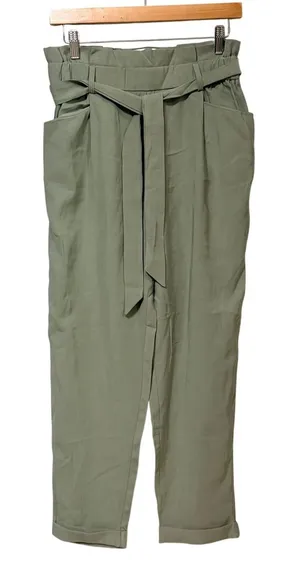 Zara TRF Sage Green Paperbag Waist Tapered Cuffed Pants Small Tie Belt High Rise thumbnail 1
