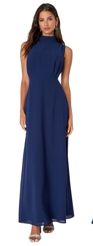 Lulus Classic Elegance Navy Chiffon Sleeveless Mock Neck Maxi Dress size XS NWT thumbnail 1