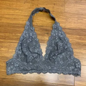 Free People Womens Small Bralette Gray Lace Halter Wireless Soft Cup Triangle‎ thumbnail 1