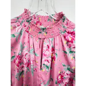Wayf blouse women's large smocked high neck satin floral balloon sleeve pink thumbnail 3