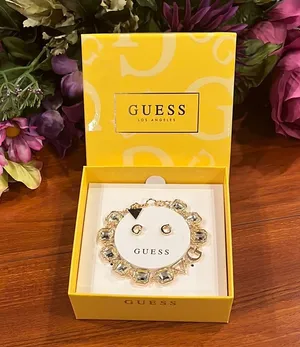 Guess Gold and Silver Sparkling Rhinestone Bracelet and G earrings Jewelry Set thumbnail 1