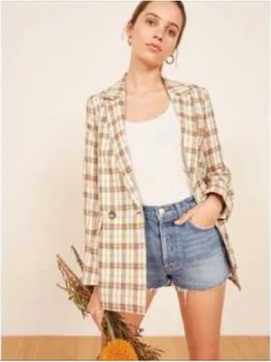 Reformation Verano Cream Plaid Linen Blazer Size XS thumbnail 2