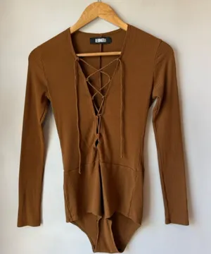 Reformation Avalon Lace Up Cocoa Bodysuit thumbnail 1