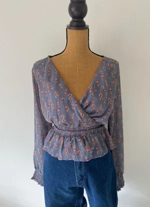 Japna Floral V Neck Shirt Smocked Waist Long Sleeve Womens Blouse thumbnail 5