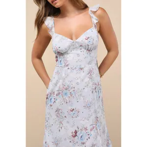 Lulus Delightful Direction Blue Floral Ruffled Tie-Strap Midi Dress Small NWT thumbnail 5