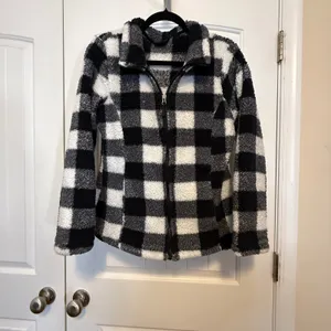 32 Degrees Heat Womens Buffalo Plaid Sherpa Fleece Full Zip Jacket Black White S thumbnail 2