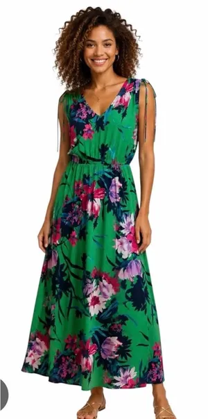 Iman Global Chic Floral Maxi Dress Green‎ Pink V-Neck Sleeveless Plus 1X thumbnail 1