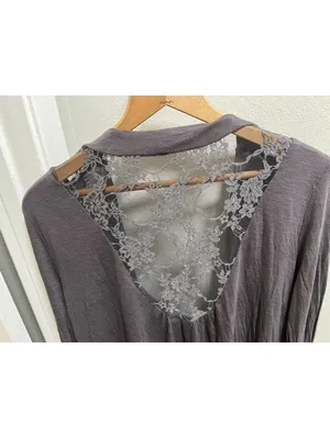 Y2K Eyeshadow Long Gray Lace Trim Open Front Cardigan Sz M thumbnail 4