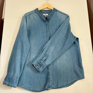 Kensie Jeans Blue Denim‎ Shirt Ruffle Mandarin Collar Long Sleeve Light Wash XL thumbnail 1