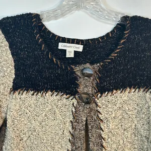 Coldwater Creek Mixed Media Cable Knit Cardigan Short Sleeve Tan Black Small thumbnail 3