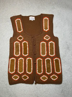 True Vintage Retro 70s Leather Patch Crochet Knit Vest by Aware Size Large thumbnail 1
