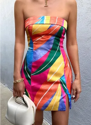 RNWY Strapless Abstract Leaf Print Mini Dress Summer Resort Dopamine Vacation thumbnail 1