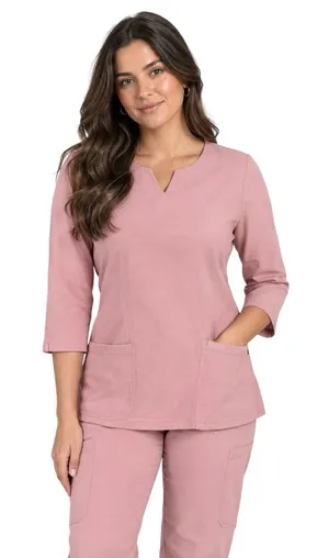 Jaanuu Zoe Slim 3/4-Sleeve Scrub Top Notched Neck Pink NWT Size S thumbnail 1