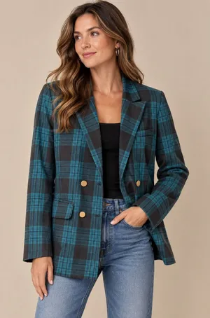 Free Assembly Womens Blazer S Teal Black Plaid Double Breasted Gold Buttons thumbnail 1