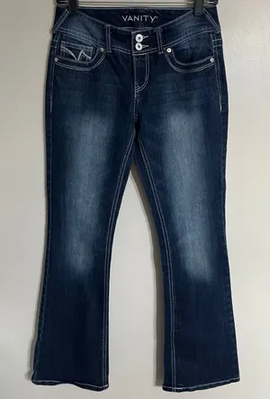 Vanity‎ Curvy Bootcut Jeans Dark Wash Contrast Stitch 26W 31L Blue Denim thumbnail 1