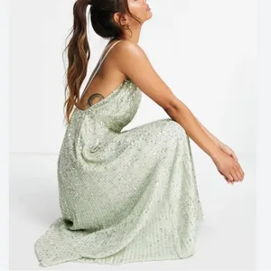 NWT ASOS Embellished Cami Midi Dress in Sage Green Sz4 A-line Fit & Flare Sequin thumbnail 5