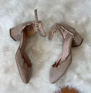 Scalloped Faux Suede Tan Ankle Strap Heels thumbnail 1