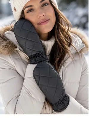 Cole Haan Women’s Quilted Puffer Mittens Leather Palm Faux Fur Lined Black NEW thumbnail 1